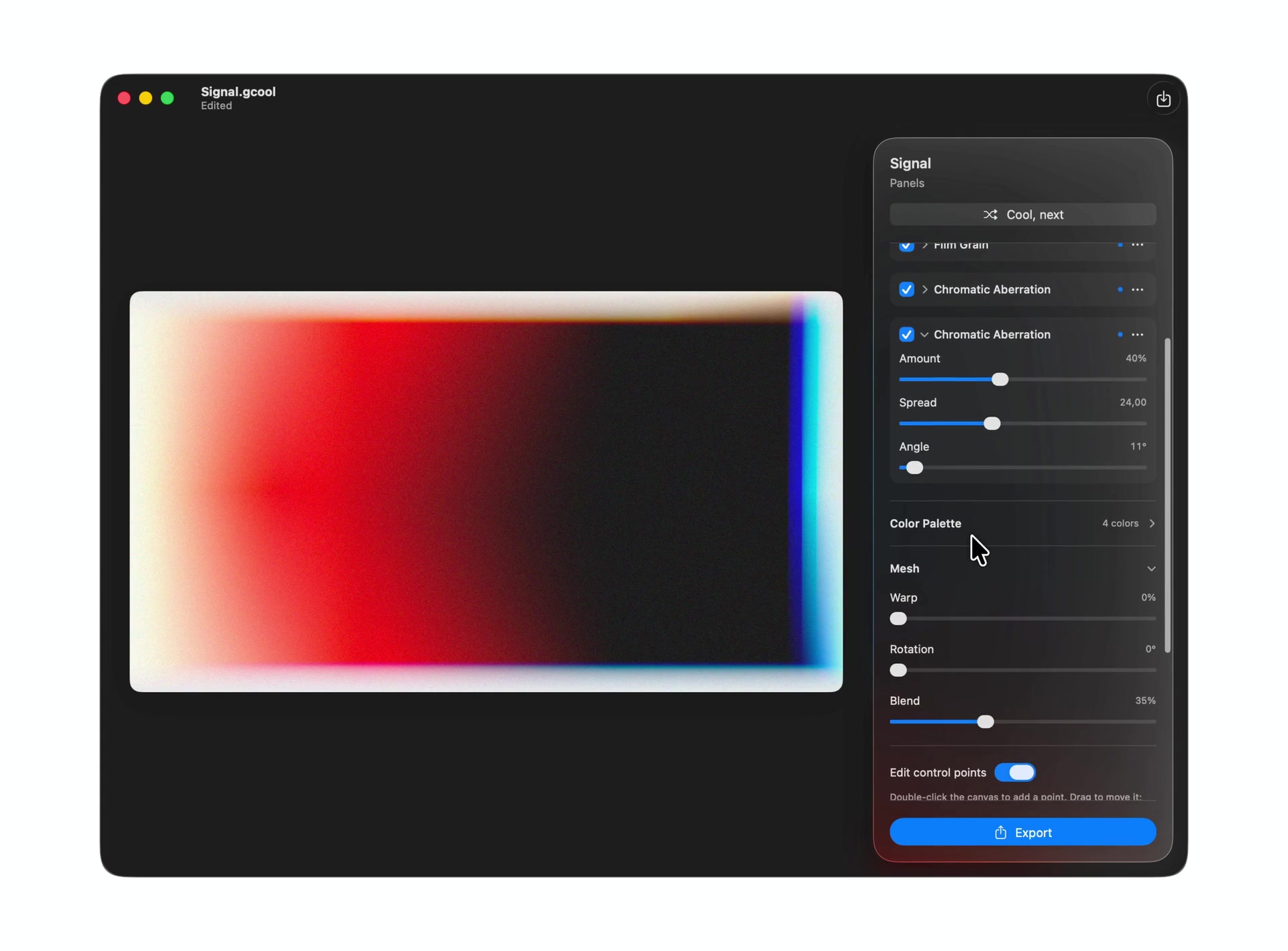 The Gradients.cool Mac editor, with a gradient canvas and controls for color, effects, and export.