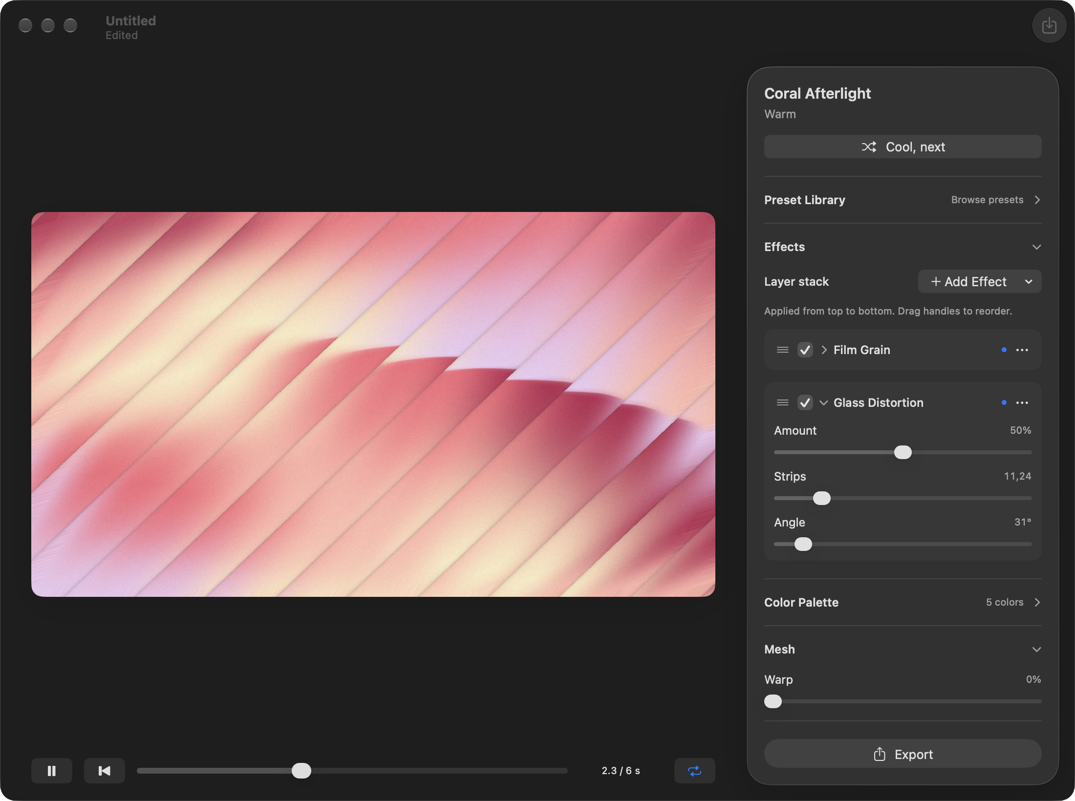 Coral Afterlight in Gradients.cool, with a pink and cream gradient, film grain, glass distortion, and animation controls.