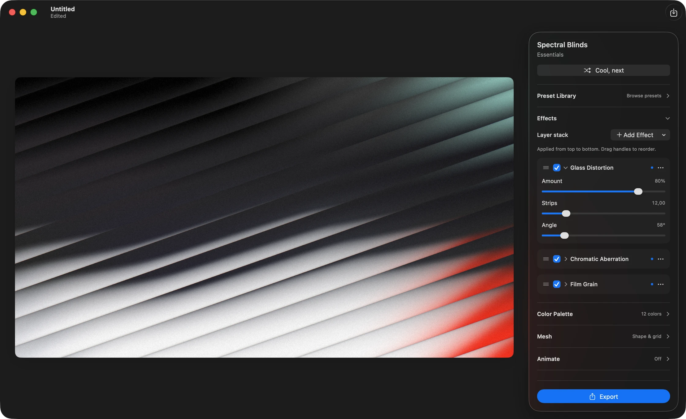 The Gradients.cool Mac editor, with its gradient canvas and controls for color, effects, and export.